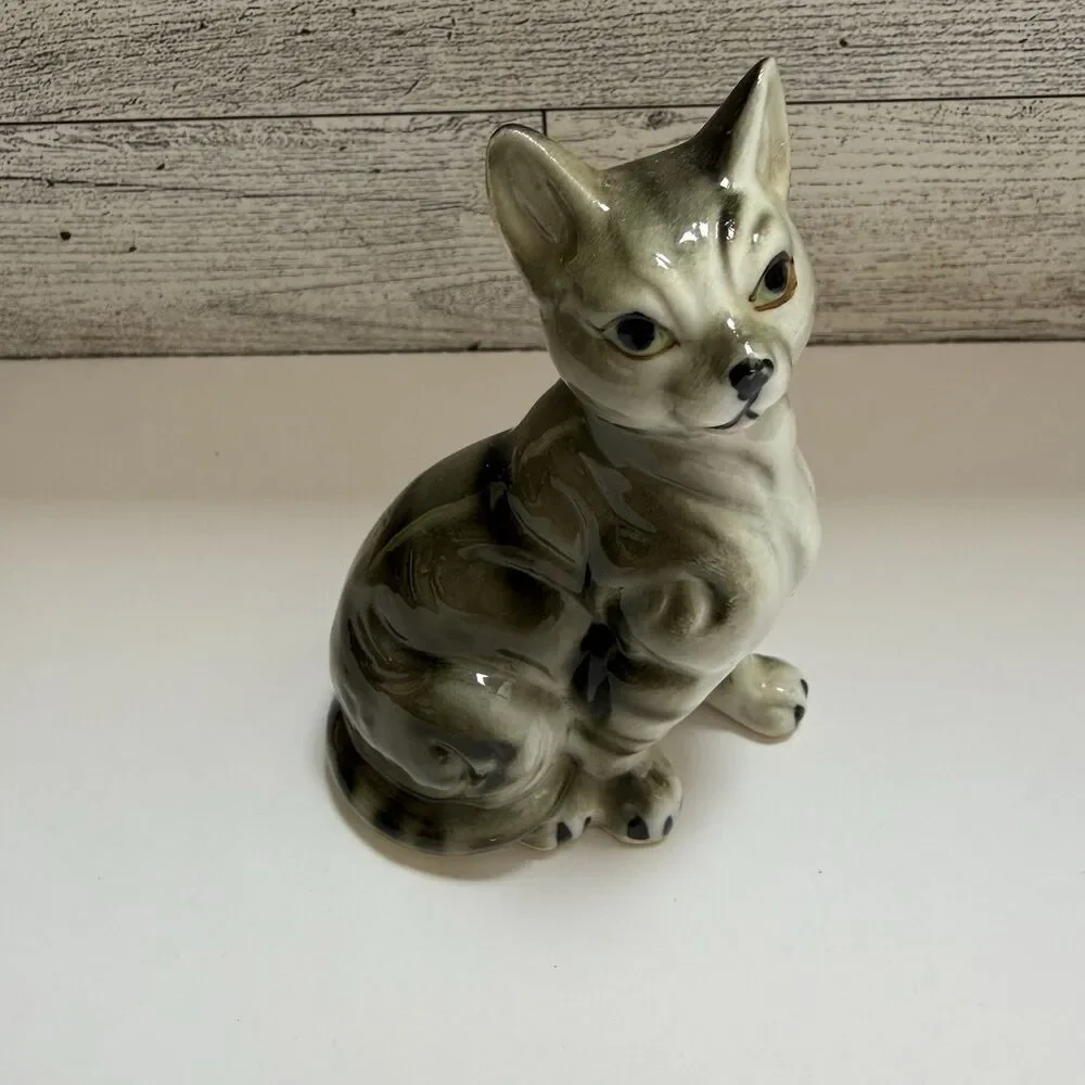 Vintage Bone China Gray Tabby Cat Kitty Figurine MCM